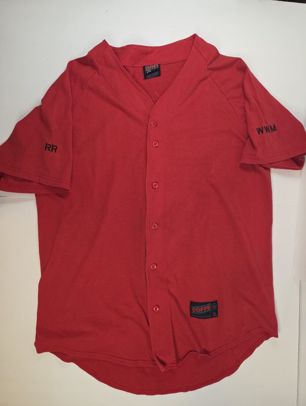 ​Vintage 90s MJ Soffe Baseball Jersey XL Made in USA Sponsor Red Button Up Top